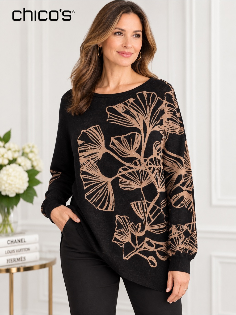 Chico’s Size 3 XL Black Tan Botanical Floral Knit Tunic Sweater
